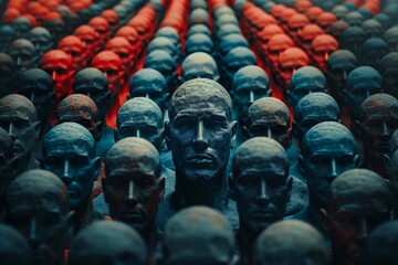 Rows of identical statues with one unique