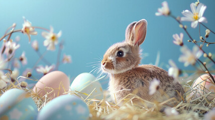 Fototapeta na wymiar Cute bunny rides in a retro truck that carries colored eggs to the Easter, holiday concept. Beautiful simple AI generated image in 4K, unique.
