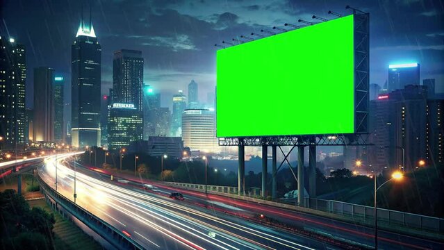 green screen billboard at night with building background with rainy and thunder weather