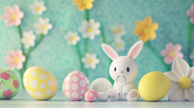 happy easter adorable bunny 2d hand drawing boho style surrounded by spring flowers and colorful easter eggs.. Beautiful simple AI generated image in 4K, unique.