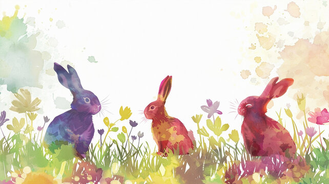 Chubby Rabbit Enjoying Easter Day in Pastel Watercolor Floral Wreath with Eggs and Butterflies. Beautiful simple AI generated image in 4K, unique.