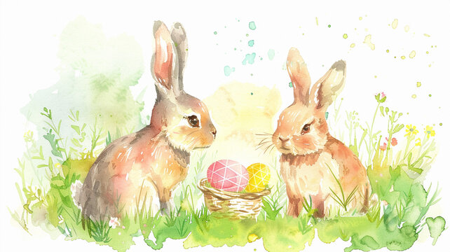 Happy Easter Bunny surrounded by many colorful easter eggs, AI Generative. Beautiful simple AI generated image in 4K, unique.