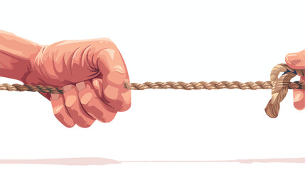 Human hand and caricature of man pulling rope flat vector - obrazy, fototapety, plakaty