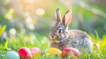 Fototapeta na wymiar Watercolor illustration of cute Easter bunny surrounded by spring flowers and colorful eggs. Beautiful simple AI generated image in 4K, unique.