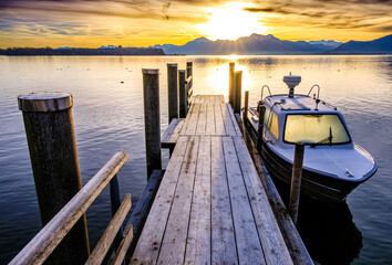 jetty at the chiemsee lake in bavaria - 773268788