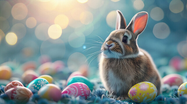 Watercolor easter bunny rabbit with easter eggs art. Beautiful simple AI generated image in 4K, unique.