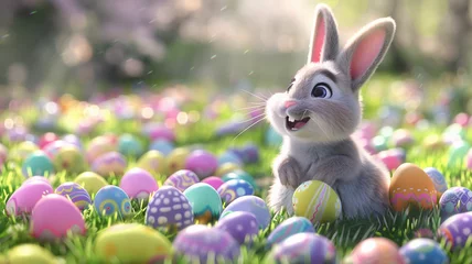 Foto op Plexiglas Cartoon 3D cute bunny with Easter eggs. Beautiful simple AI generated image in 4K, unique. © ArtSpree