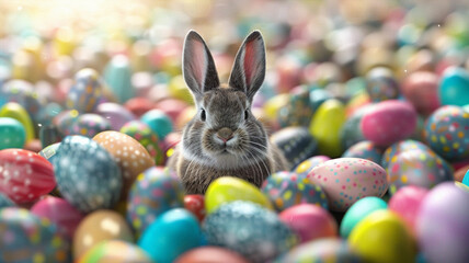 Fototapeta na wymiar Cartoon 3D cute bunny with Easter eggs. Beautiful simple AI generated image in 4K, unique.