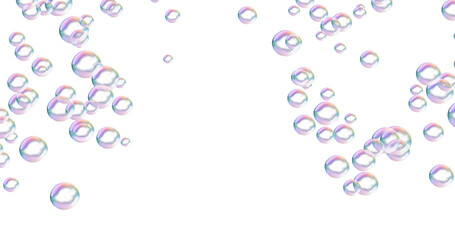 Background material of soap bubbles (bubbles) shining in a rainbow pattern. white background. 虹模様に輝くシャボン玉（泡）背景素材。白背景。