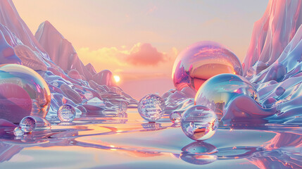Futuristic landscape of 3D shapes, emerging in holographic brilliance against a canvas of soft, pastel-infused light. - obrazy, fototapety, plakaty