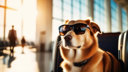 Traveling with pets Concept. Cute Dog in sunglasses at the airport terminal waiting vacation. transportation of animals for holiday or emigration - obrazy, fototapety, plakaty