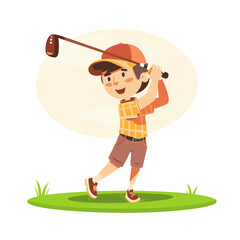 Obraz na płótnie Canvas Little Boy Playing Golf Vector Illustration. Cartoon Character Playing Golf.