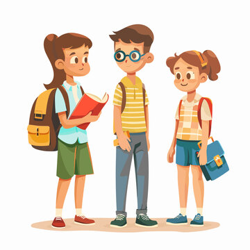 Cute schoolboys and girls with backpacks and books, vector illustration.