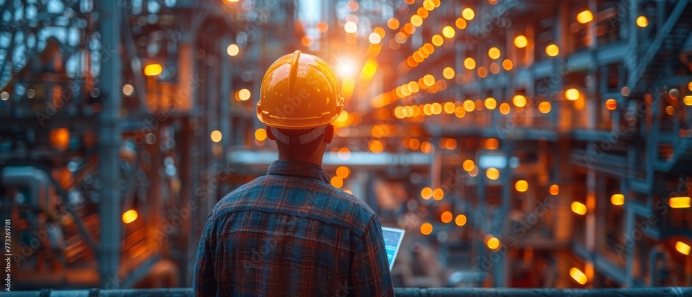 Poster in a hardhat, a civil engineer or architect looks at a tablet computer to check the schedule on a co