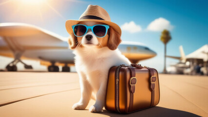 Travel with pets Concept. Cute Dog in sunglasses at the airport terminal waiting trip. transportation of animals for holiday or emigration