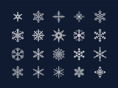 Background for winter and Christmas theme. Set of cute snowflakes. Snowflake collection for design Christmas and New Year banner and cards. Winter flat vector decorations elements.