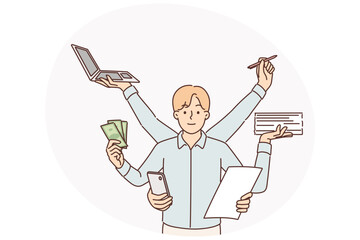 Multitasking businessman with many hands doing several things at same time wanting to be productive