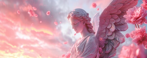 Beautiful statue of angel among vibrant flowers against a dreamy, pink sky, blending history with...