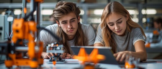 Two engineering students work in the lab, one is adjusting the components of a 3D printer, the other is using a laptop in the foreground