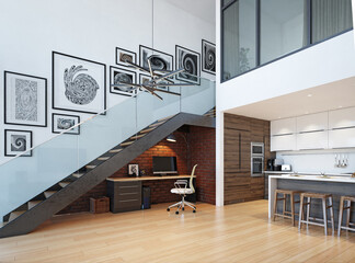 modern home office interior. - obrazy, fototapety, plakaty