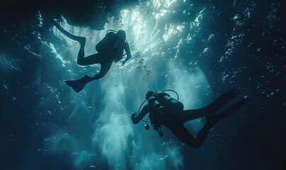 A breathtaking underwater shot of a scuba diver exploring the mysterious ocean depths, highlighting adventure and discovery - obrazy, fototapety, plakaty