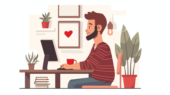 Illustration of a man love his computer on room background