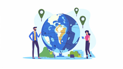 Pessoas ao lado de um globo grande com pontos de localização - Conceito de comunicação global, rede, conectados - Ilustração - obrazy, fototapety, plakaty