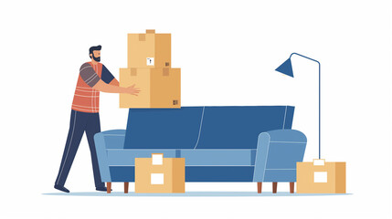 Homem fazendo mudança carregando caixas de papelão na sala de estar -  ilustração