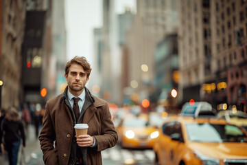 Attractive businessman holding disposable coffee cup walking on traffic jam street, New York skyscrapers and yellow taxis big city. - obrazy, fototapety, plakaty