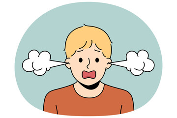 Portrait of furious boy with steam coming from ears suffer from anger and emotions. Mad child feel angry and annoyed with emotional control. Vector illustration.