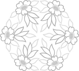 Lace napkin with flowers and leaves. Monochrome flowers mandala vector illustration. Vintage lace repeating round ornament. White flowers on transparent background. Floral pattern for print.