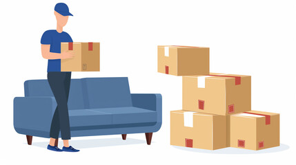 Homem fazendo mudança carregando caixas de papelão na sala de estar -  ilustração