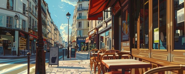An inviting Parisian cafe with empty chairs and tables bathed in sunlight offers a peaceful city setting.