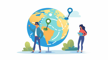 Pessoas ao lado de um globo grande com pontos de localização - Conceito de comunicação global, rede, conectados - Ilustração