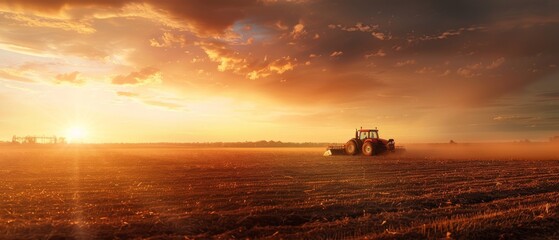 Agricultural tractor with seedbed cultivator preparing land at sunset