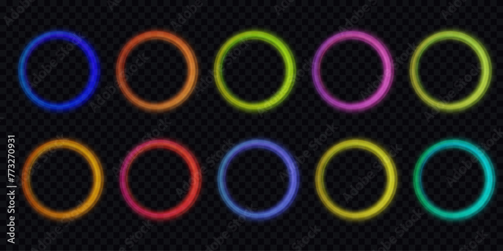 Poster colored neon ovals or circles for swirl shiny rings light effect. glow luminous glitter shimmer trai