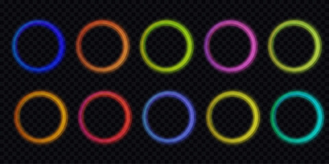 Colored neon ovals or circles for swirl shiny rings light effect. Glow luminous glitter shimmer trail. Curve light effect of multicolored line. Blurred spiral ring. Bokeh effect. Vector illustration.