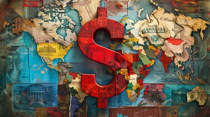Fading dollar signs amidst a backdrop of global financial icons representing the changing face of currency