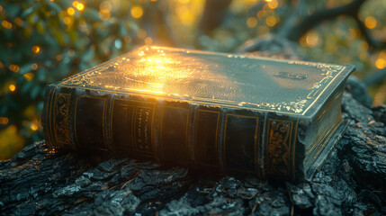 A book is sitting on a log in the woods. The book is old and has a golden glow to it. The scene is peaceful and serene, with the sun shining through the trees and casting a warm glow on the book