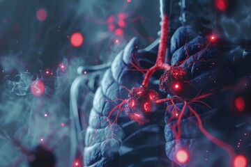 Moody lighting highlights a hightech labs fight against lung cancer with nanobots , 3D illustration - obrazy, fototapety, plakaty