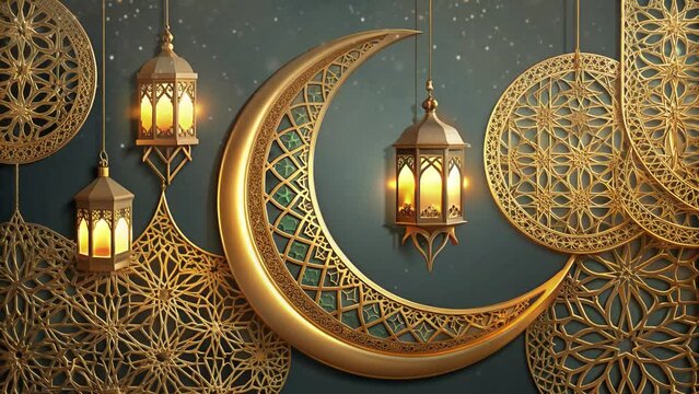 a golden crescent moon with lanterns and several gold decorations with an Eid al-Mubarak theme