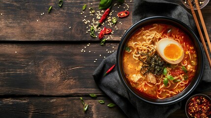 Savory Asian Cuisine: Spicy Ramen on Wooden Background