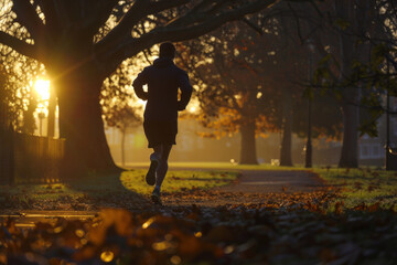 A man runs in a park at dawn, part of his daily exercise regimen