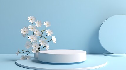 Obraz na płótnie Canvas white colored mosaic podium for product display with white flowers. light blue wall in the background.