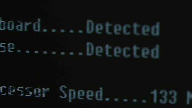 Pixel on old vintage computer monitor close-up. Computers cursor on black background macro. Desktop vintage retro wave display, late 90s PC.