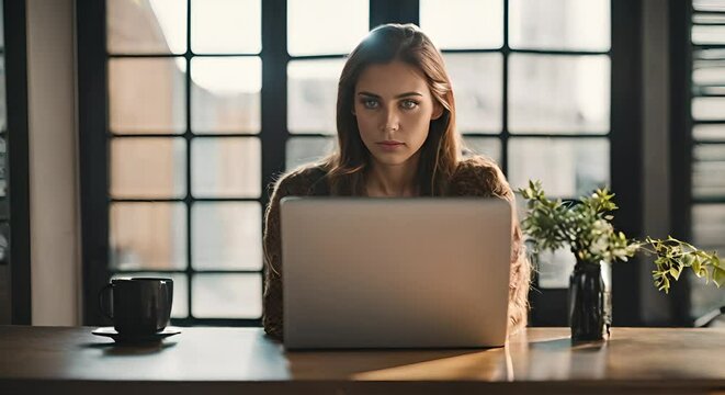 A woman sits at a desk, focused on a laptop, staring intently at the screen.