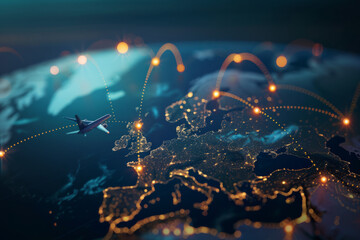 A graphic representing airplane flight paths across the globe, symbolizing international travel, trade, and logistics - obrazy, fototapety, plakaty