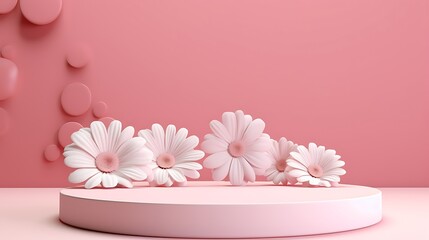 mosaic podium for product display. pink colored podium with white flowers on it. 