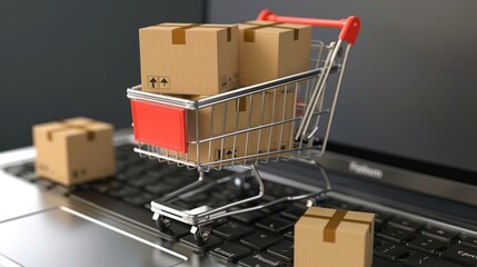 Online shopping, shopping cart and computer purchase, e-commerce concept

