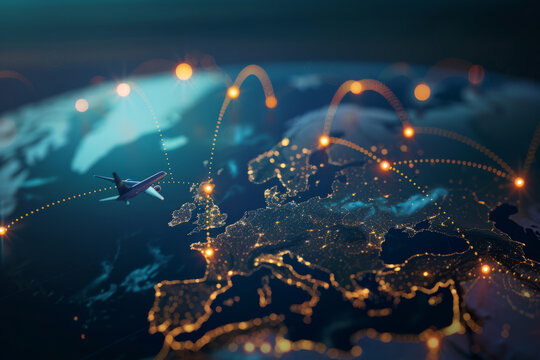 A graphic representing airplane flight paths across the globe, symbolizing international travel, trade, and logistics